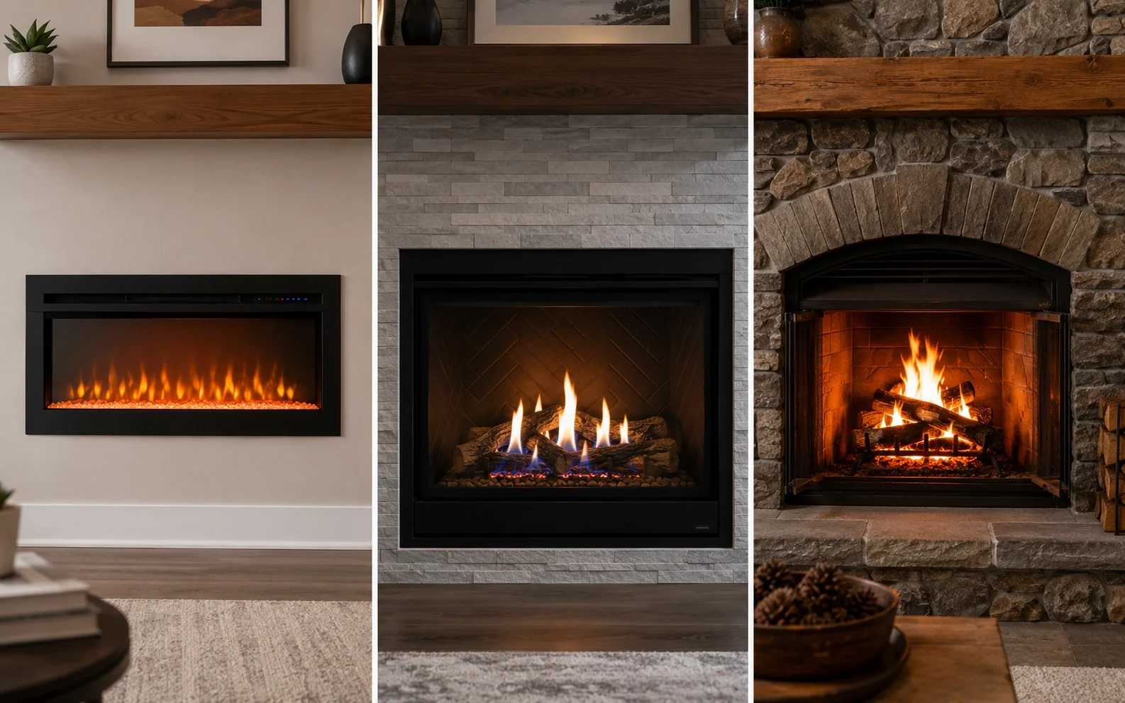 Side by side comparison of different fireplace fuel types