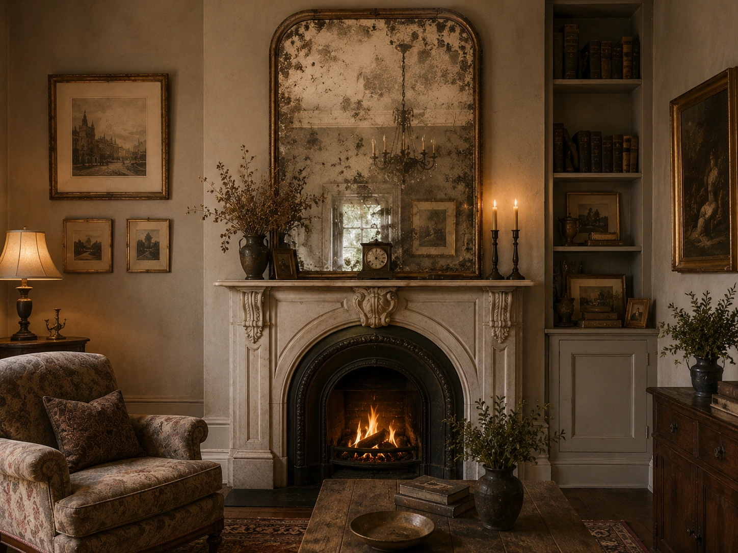 Antiqued mercury glass mirror above vintage fireplace