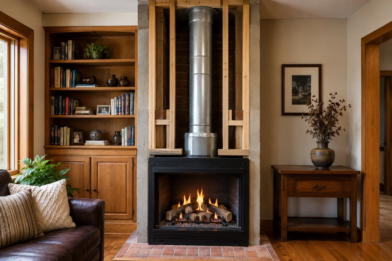 B-vent fireplace with single pipe vertical chimney