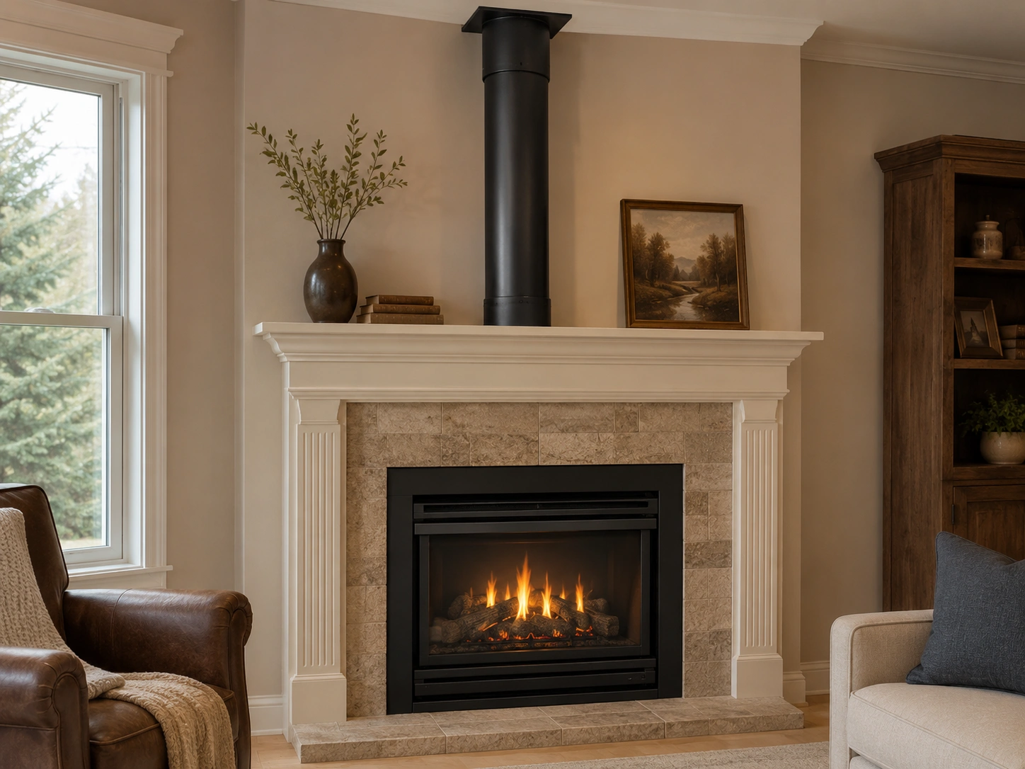 B-vent gas fireplace with chimney