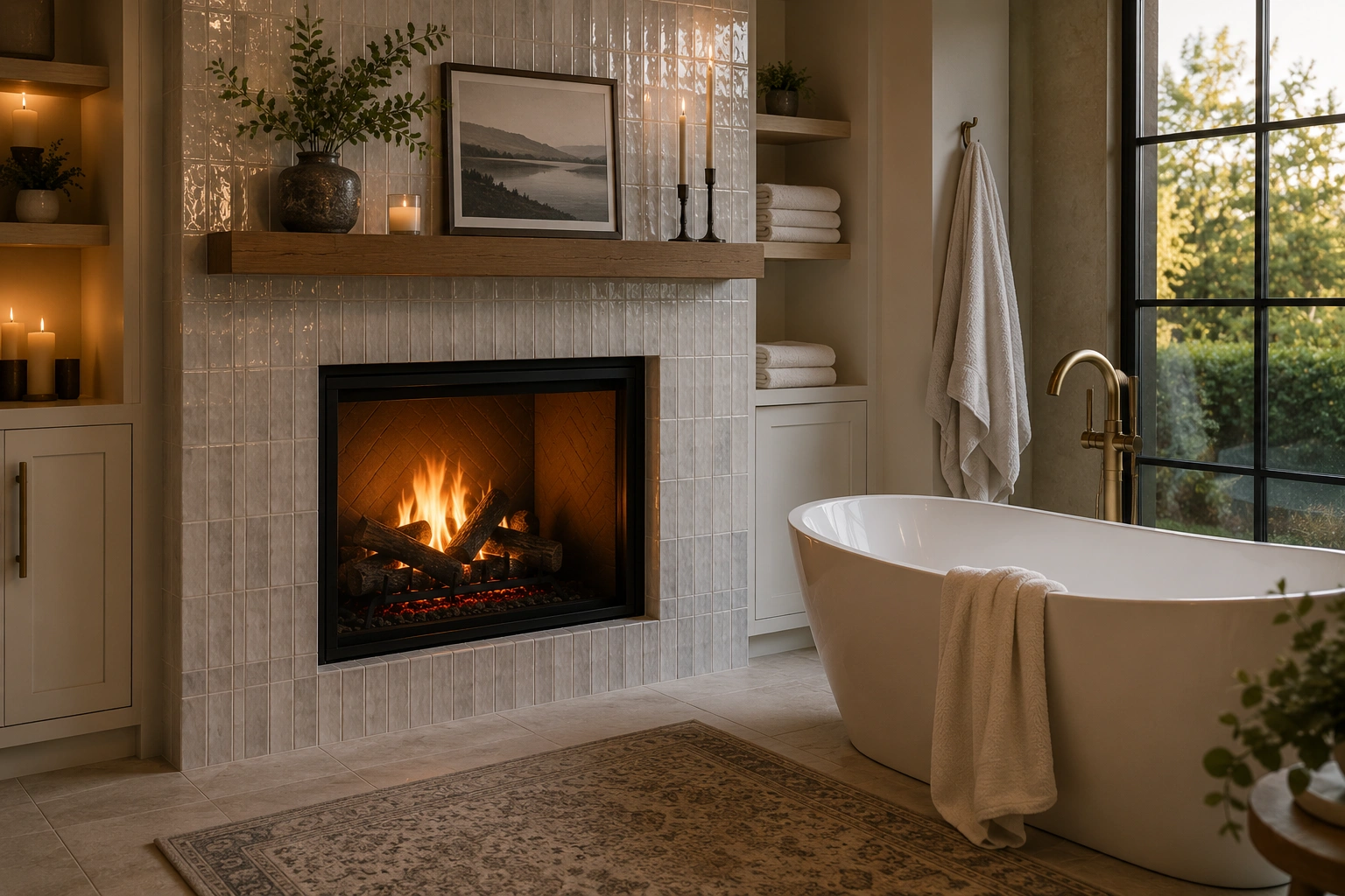 Tiled fireplace in luxury bathroom