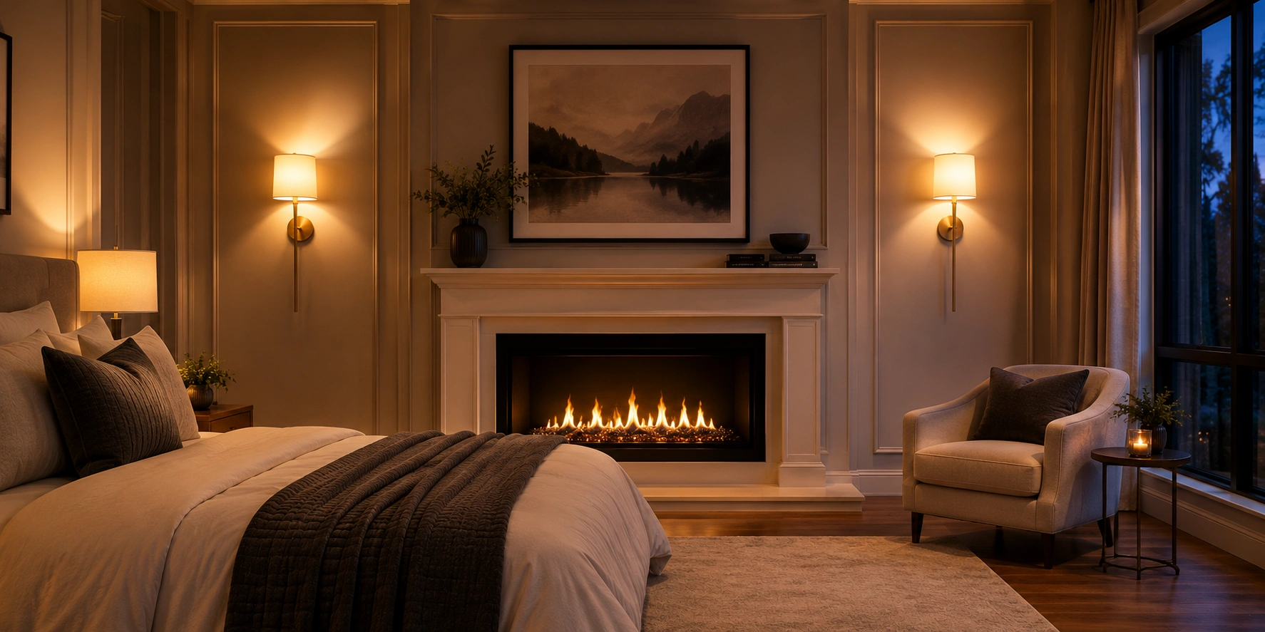 Sconces Flanking Bedroom Fireplace