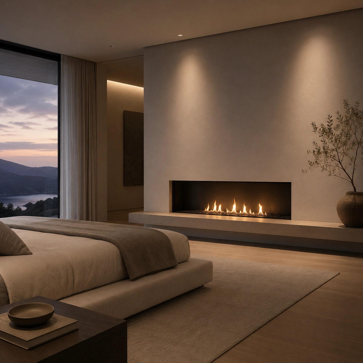 Sleek minimalist fireplace in modern bedroom