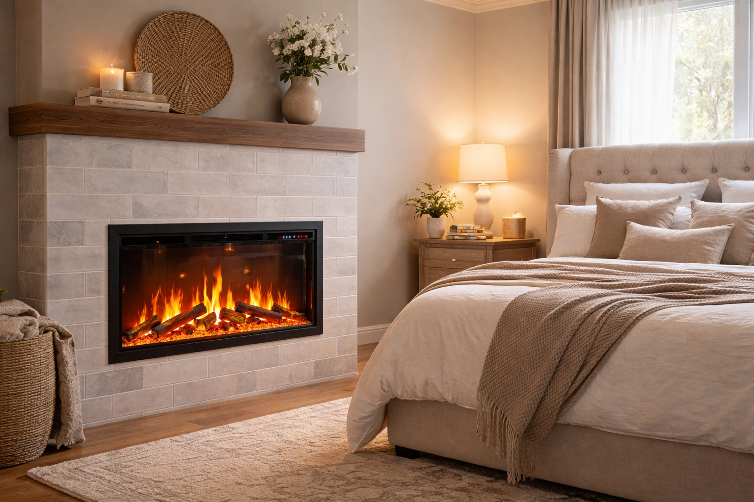 Tiled fireplace creating serene bedroom retreat