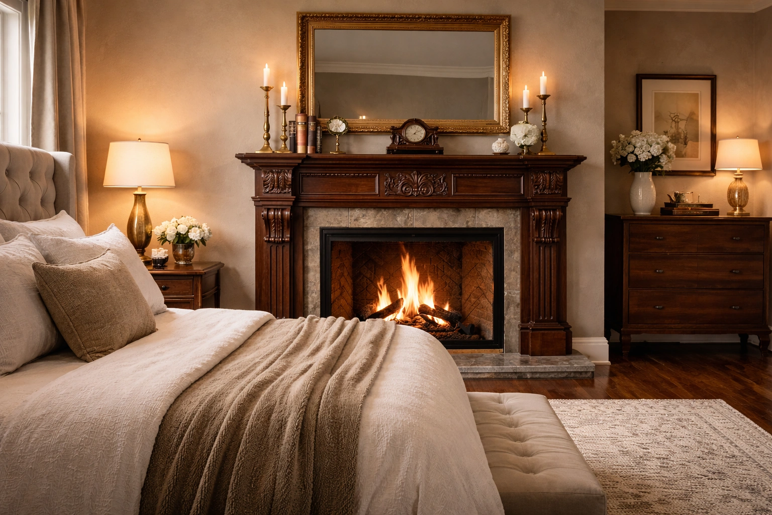 Traditional Bedroom Fireplace with Mantel