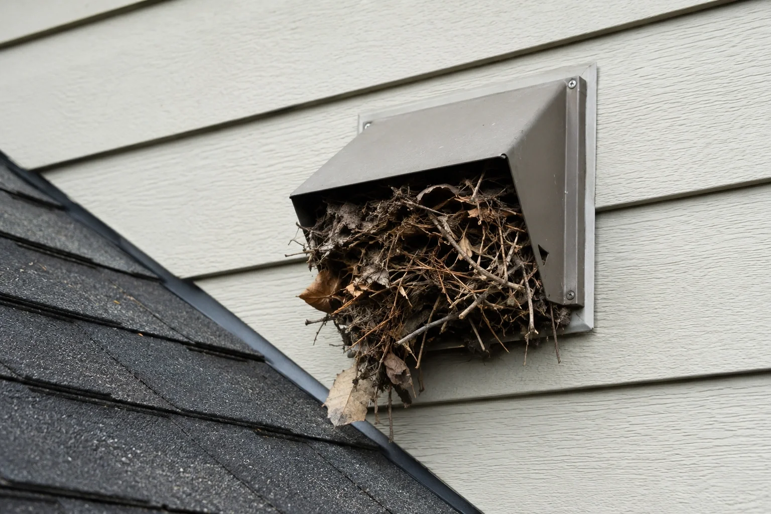 A vent termination cap on a roof blocked with debris and leaves causing flame issues