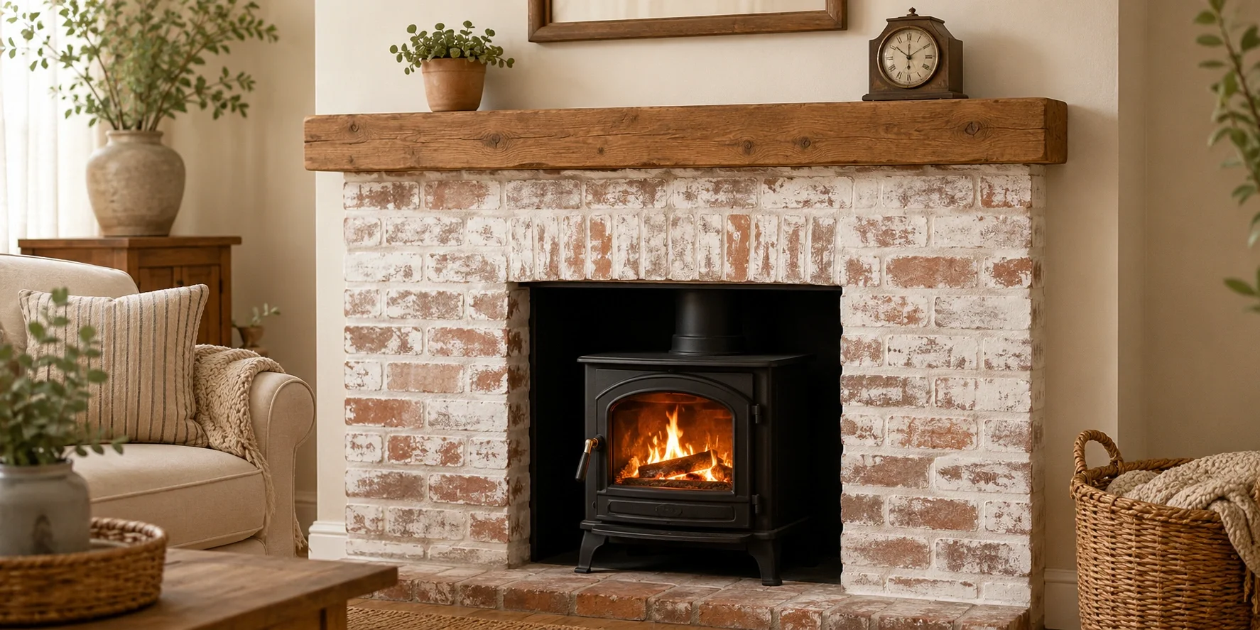 Whitewashed brick fireplace surround