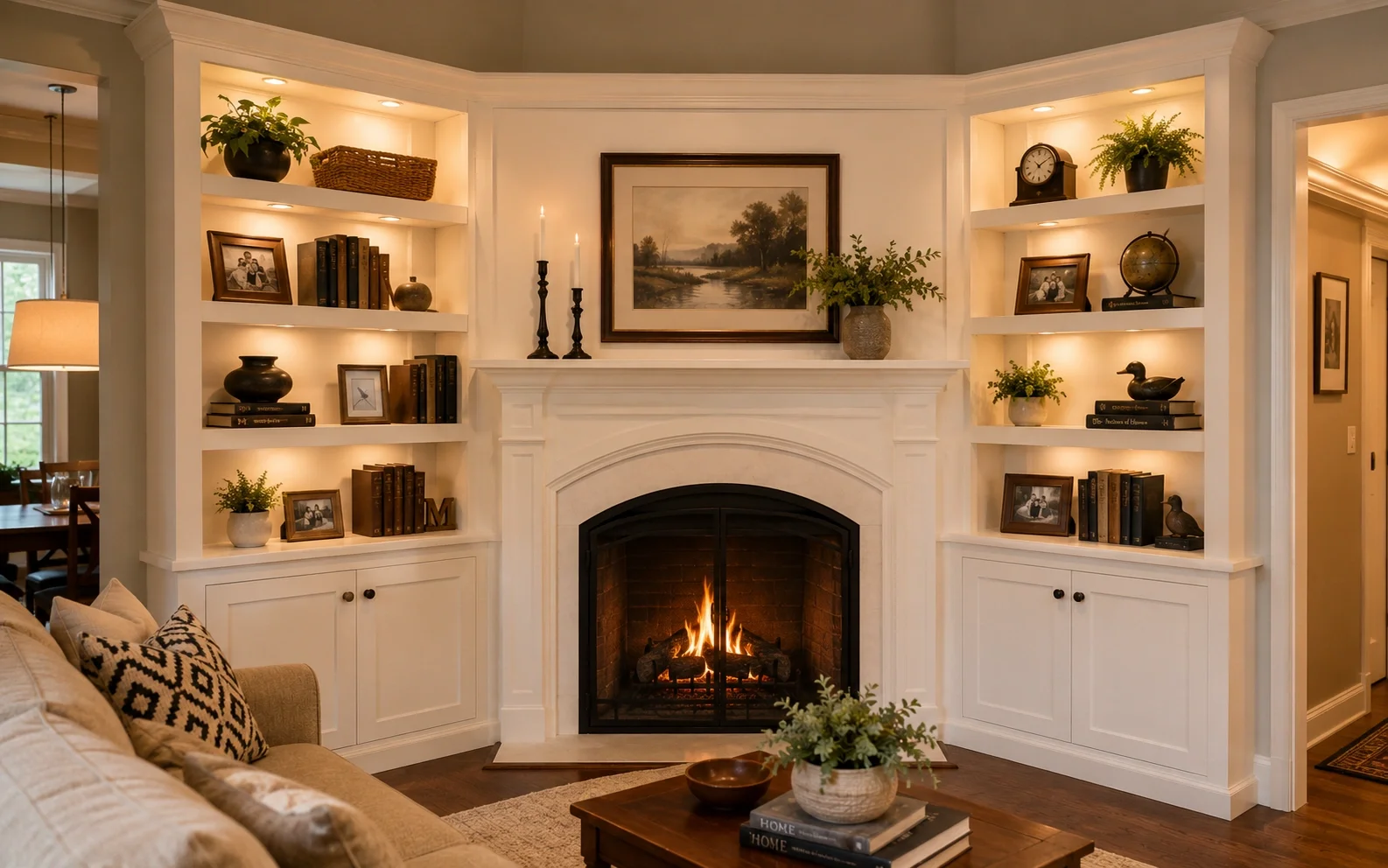 Corner fireplace with built-in bookshelves and storage