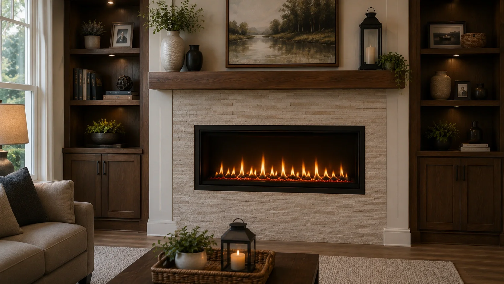 Built-in fireplace recessed into a living room wall with custom surround