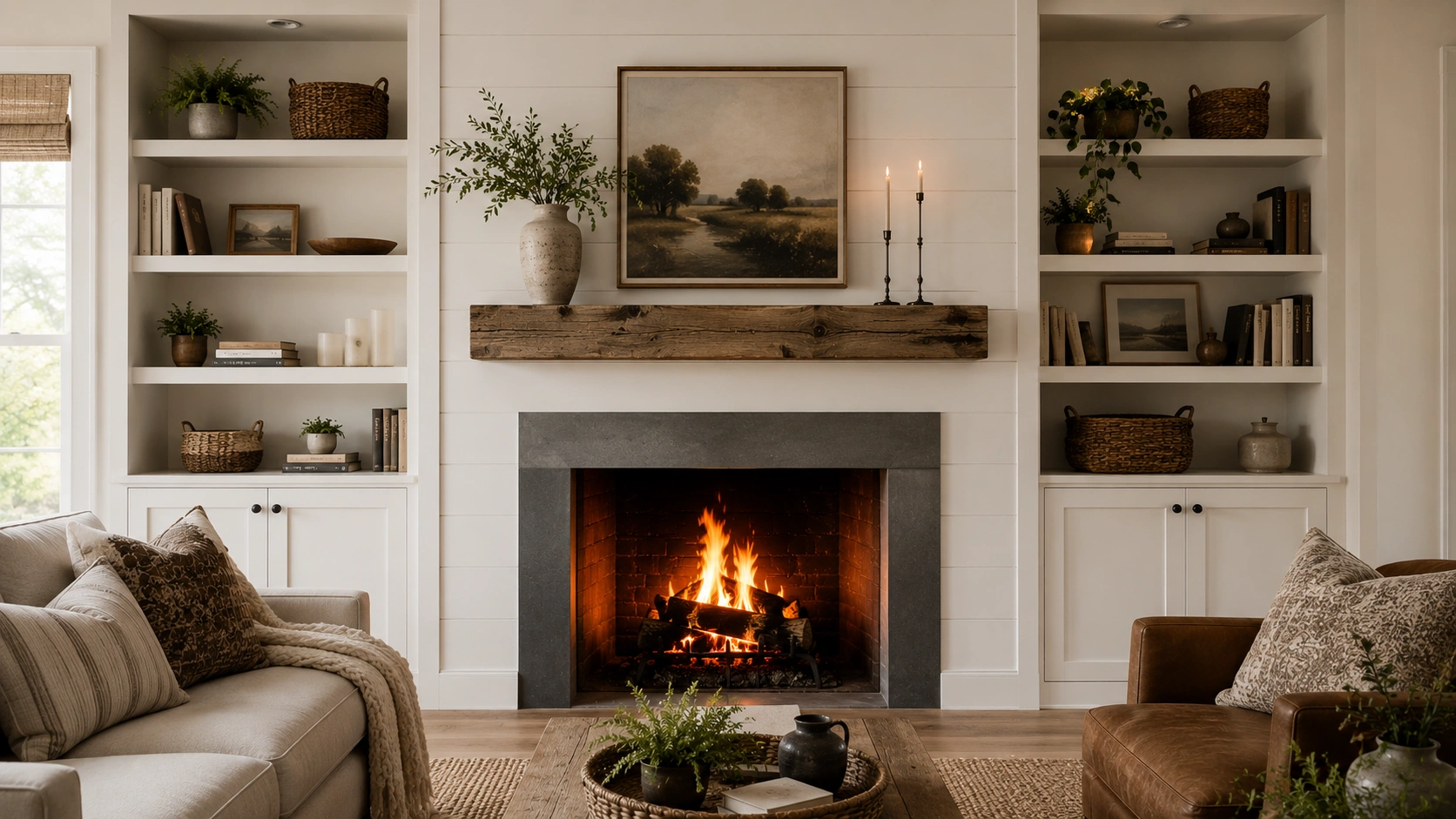 Fireplace wall with built-in shelving and storage