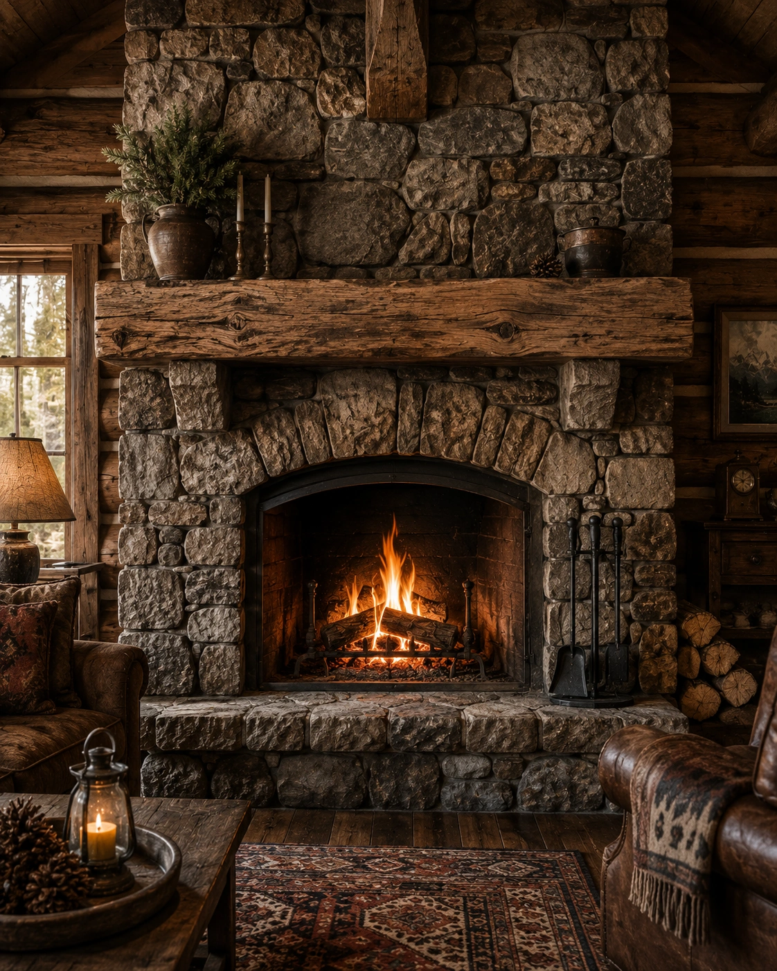 Rustic stone fireplace in mountain cabin style with heavy timber mantel