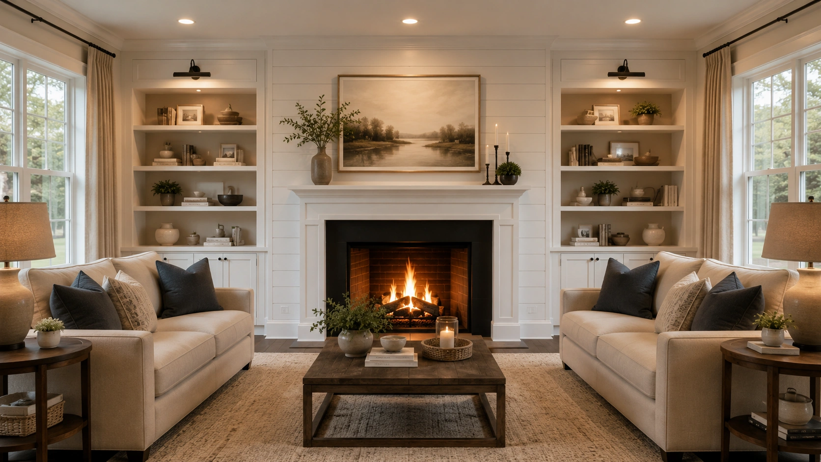 Living room with fireplace centered on main wall creating balanced focal point