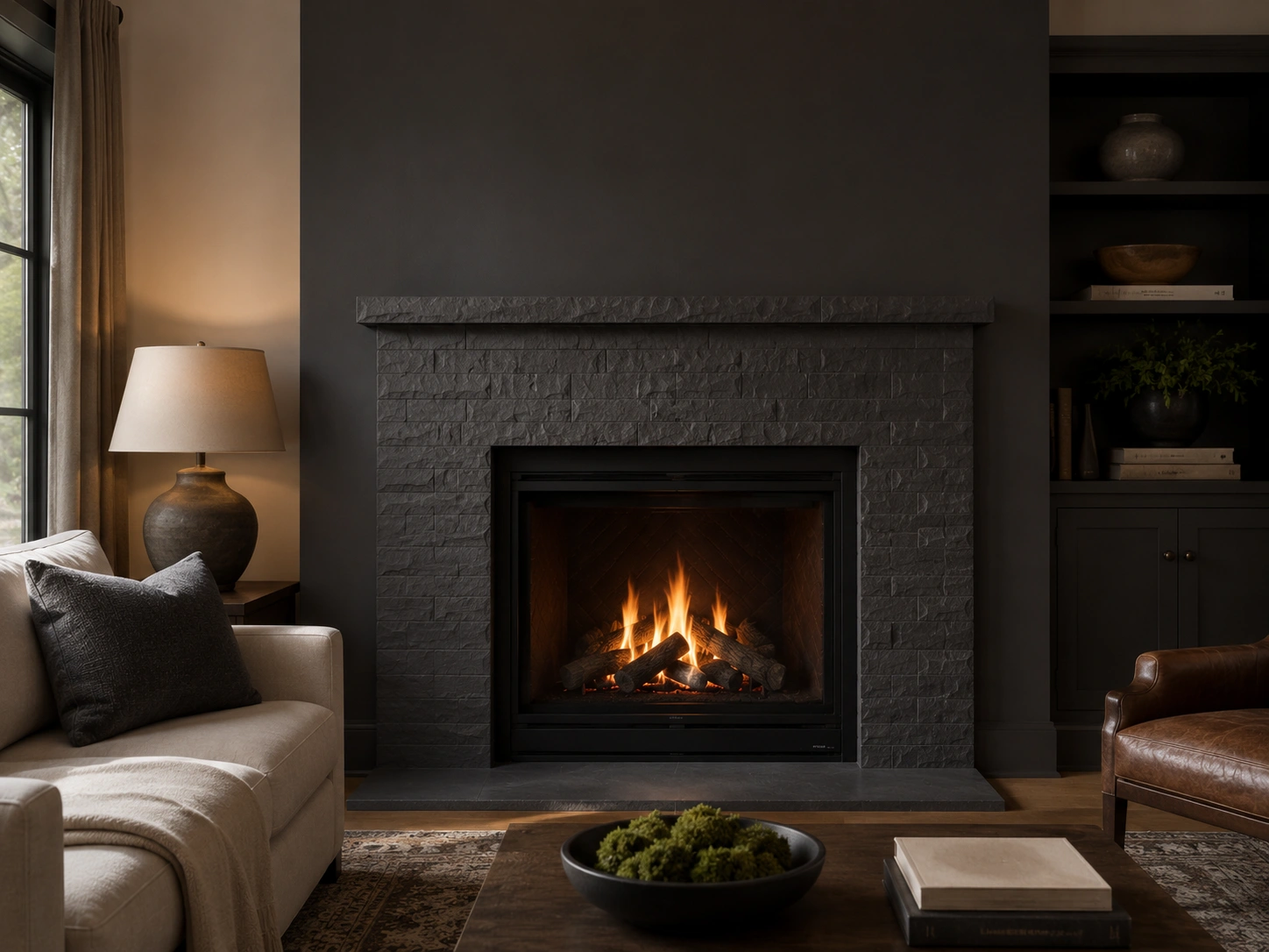 Sophisticated charcoal gray painted stone fireplace