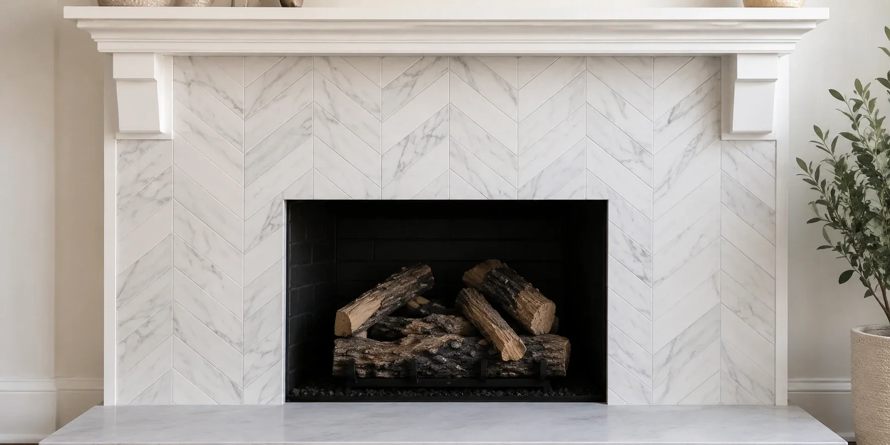 Chevron pattern tiles on elegant fireplace