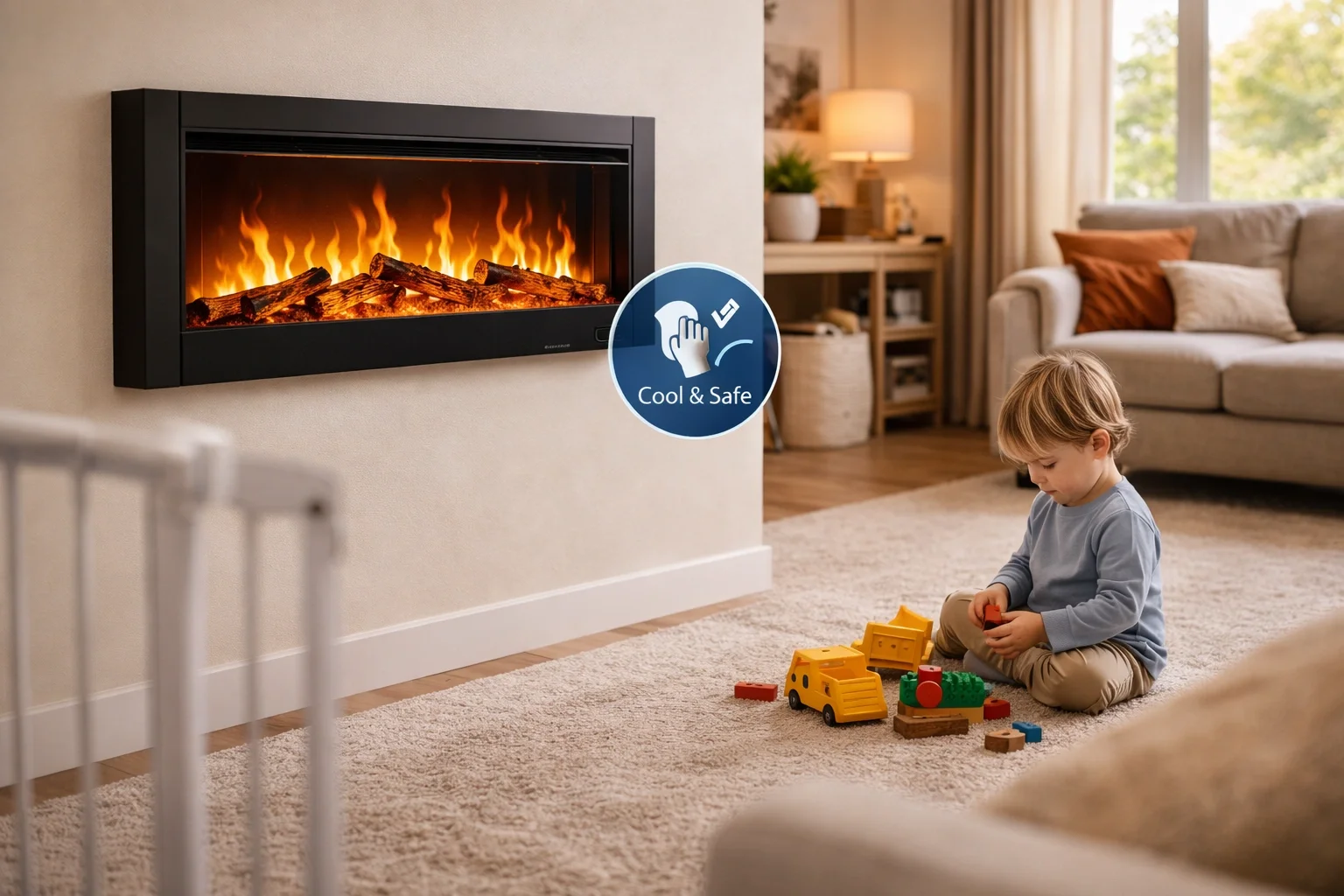 Child-safe electric fireplace with protective screen
