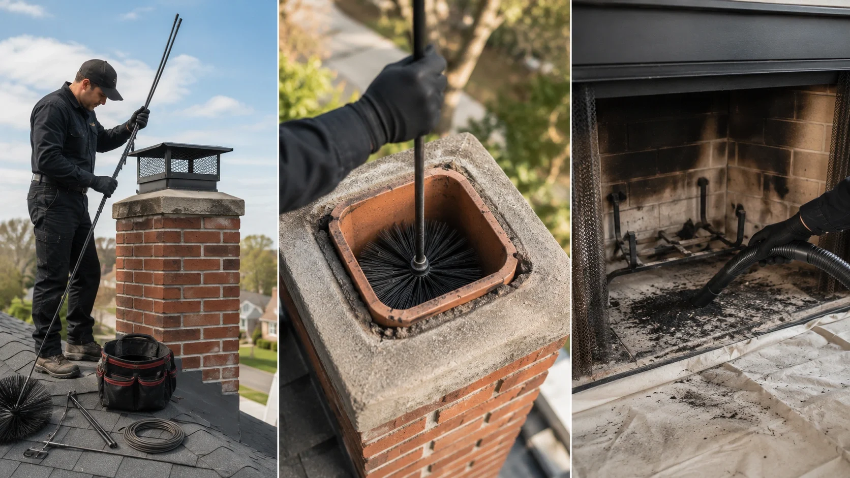 Step-by-step process of cleaning a chimney from top to bottom