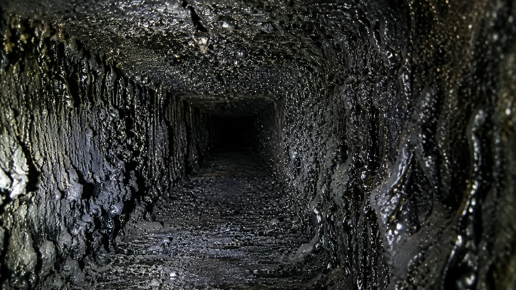 Heavy creosote buildup discovered inside a chimney flue during inspection