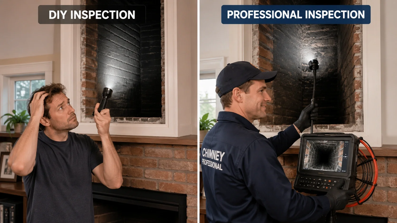 Comparison of DIY visual chimney check and professional camera inspection equipment