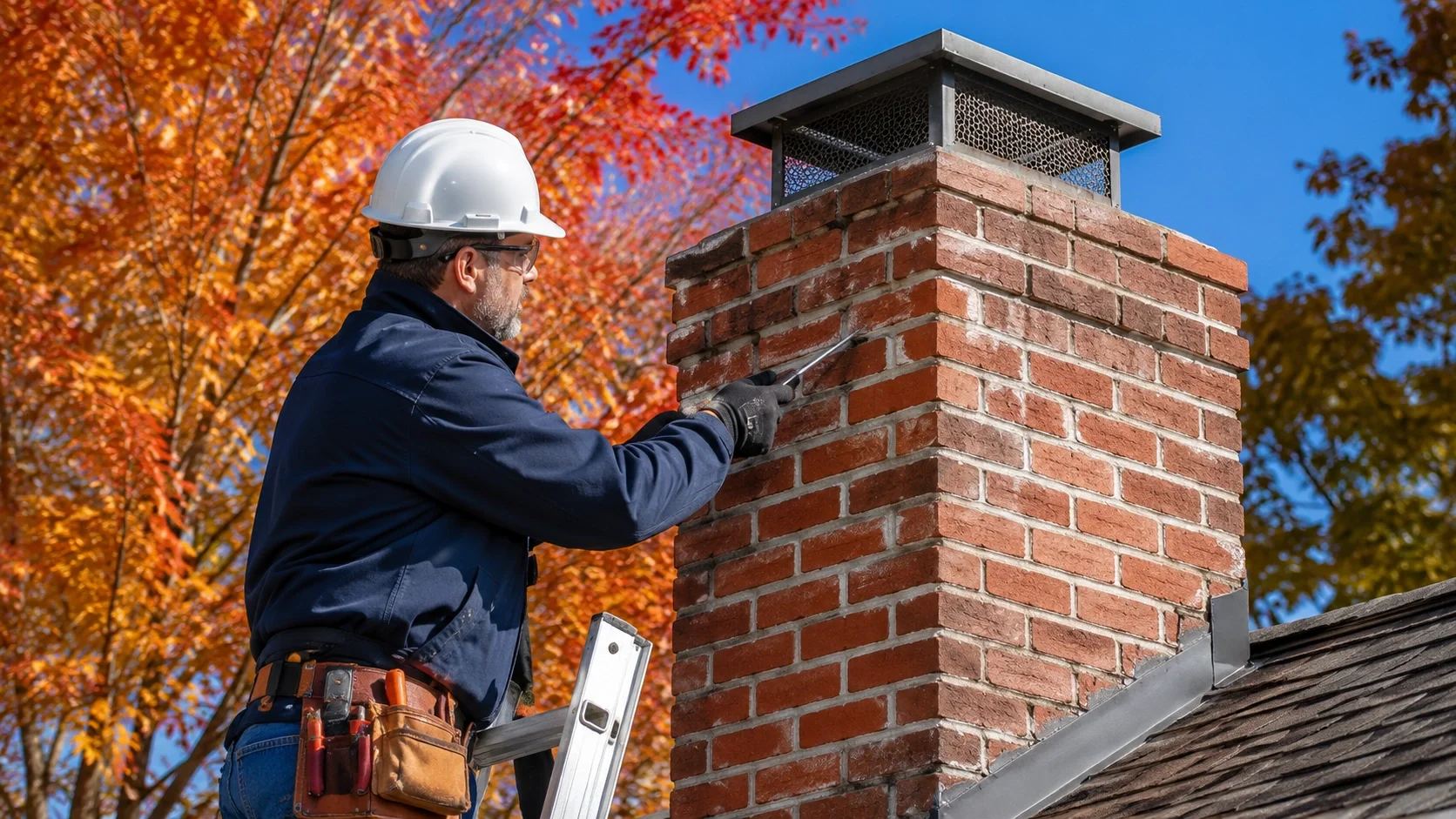 Chimney exterior inspection during fall season showing mortar joints and chimney cap