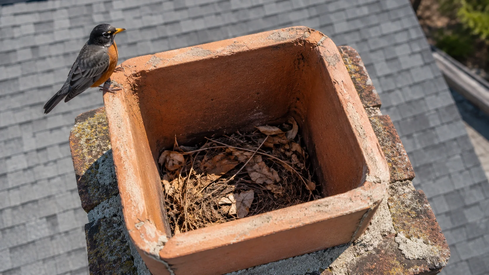 Missing chimney cap with debris and animal nesting inside the flue