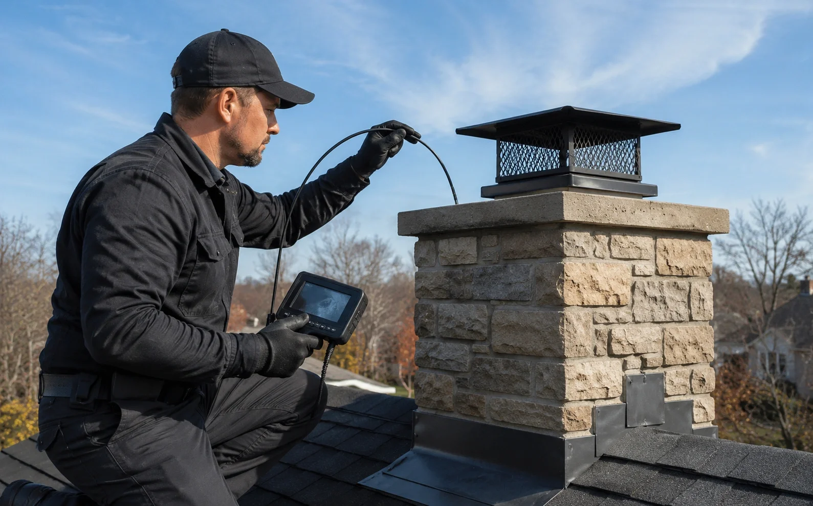 Professional chimney sweep performing fall fireplace inspection with camera equipment