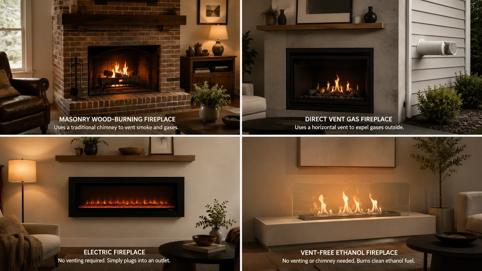 Different fireplace types with various venting requirements