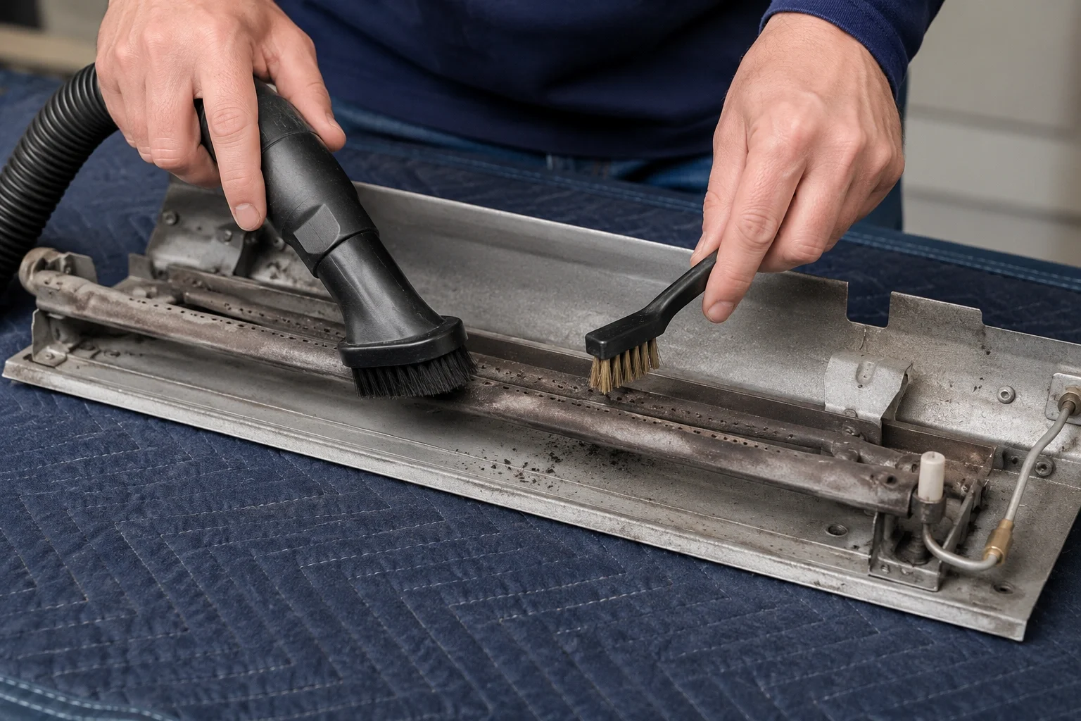 Person using a soft brush and vacuum to clean the burner assembly of a gas fireplace
