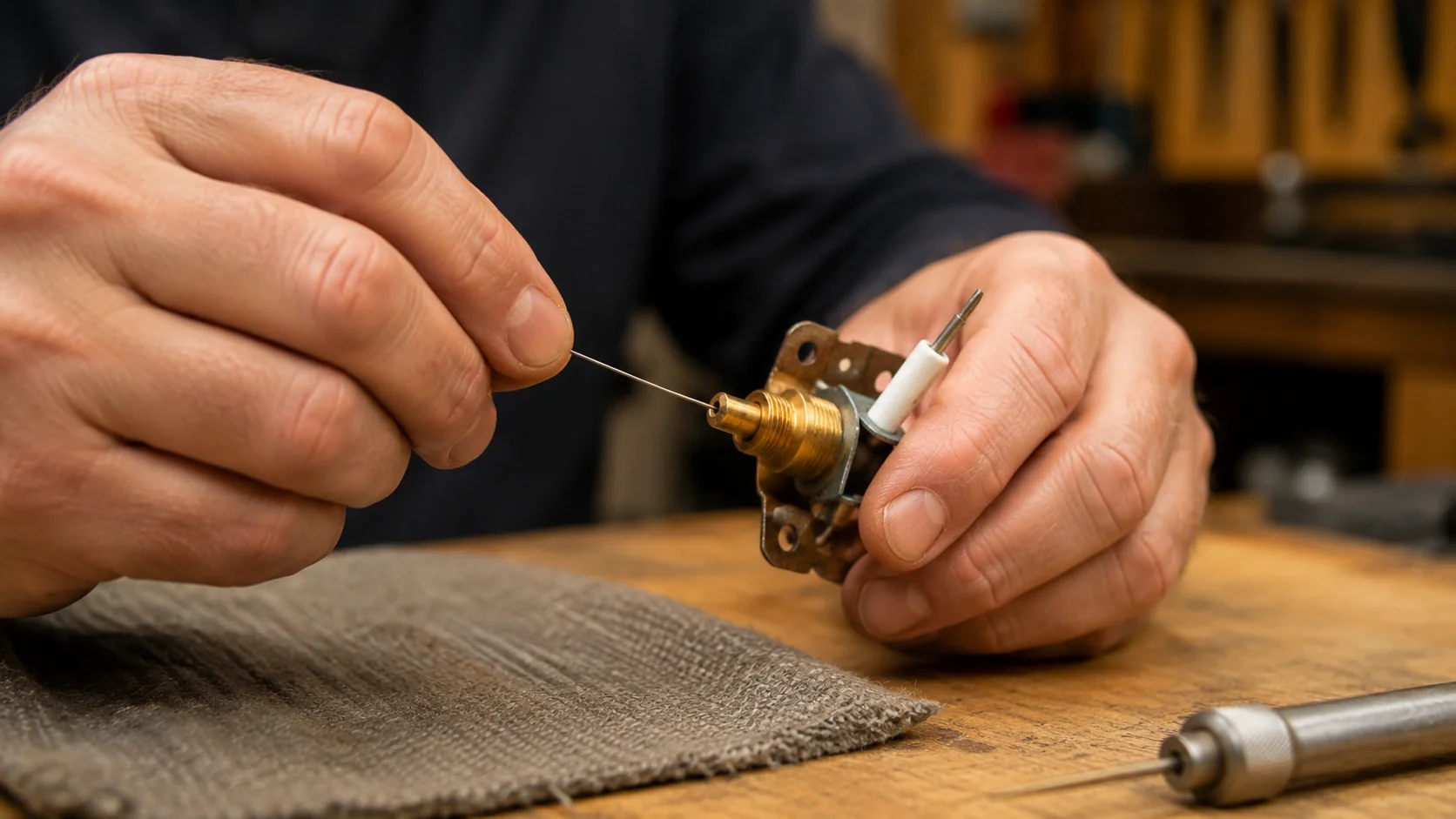 Cleaning gas fireplace pilot light orifice with a fine needle tool