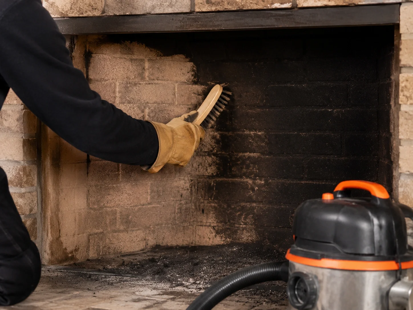 Person scrubbing the interior brick walls of a wood fireplace with a wire brush during monthly deep cleaning