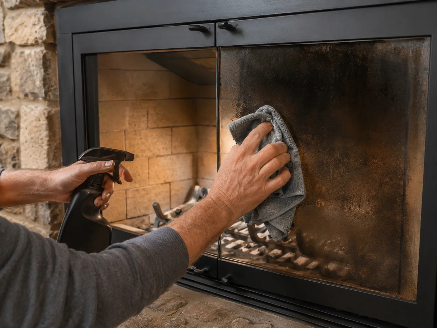 Cleaning soot off wood fireplace glass doors with microfiber cloth and specialty glass cleaner