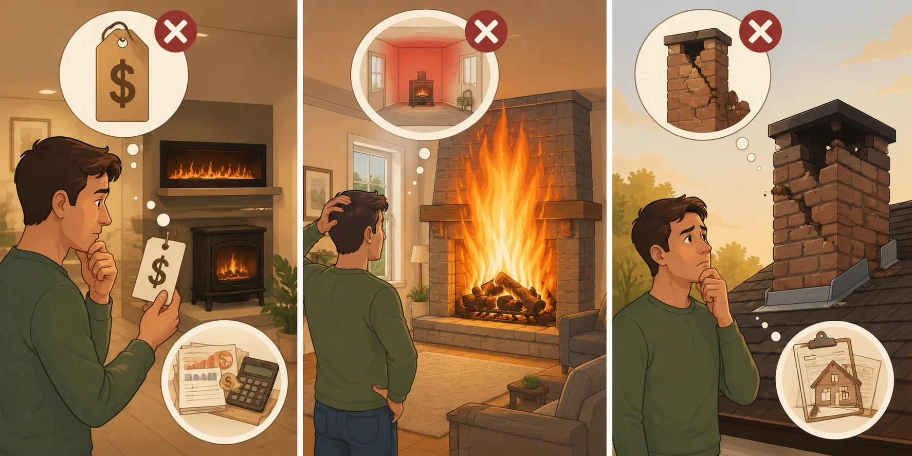 Illustration showing common mistakes people make when comparing fireplaces