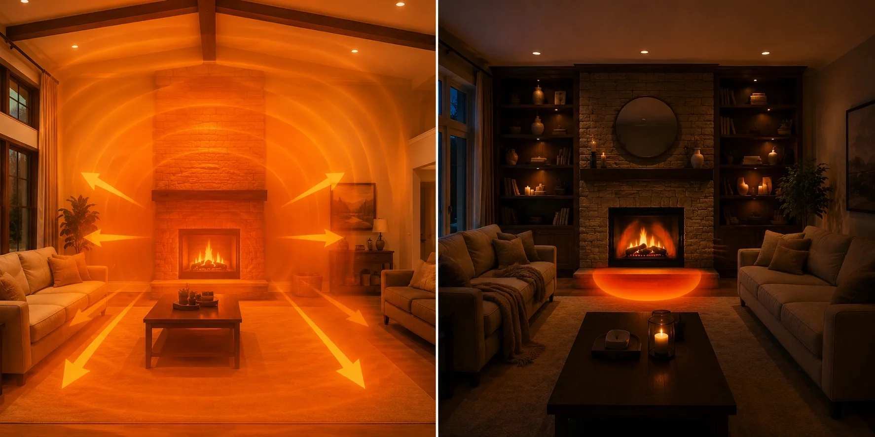 Comparison showing fireplaces optimized for heating versus those designed primarily for visual appeal