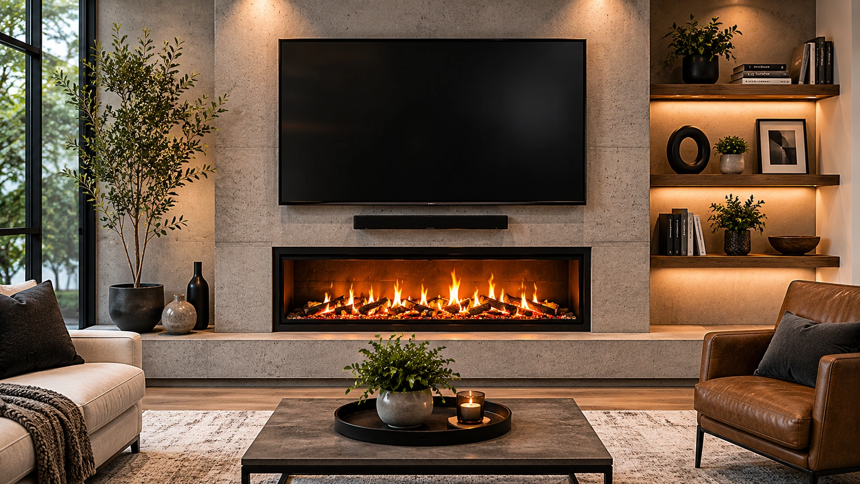 Minimalist concrete fireplace surround with smooth finish