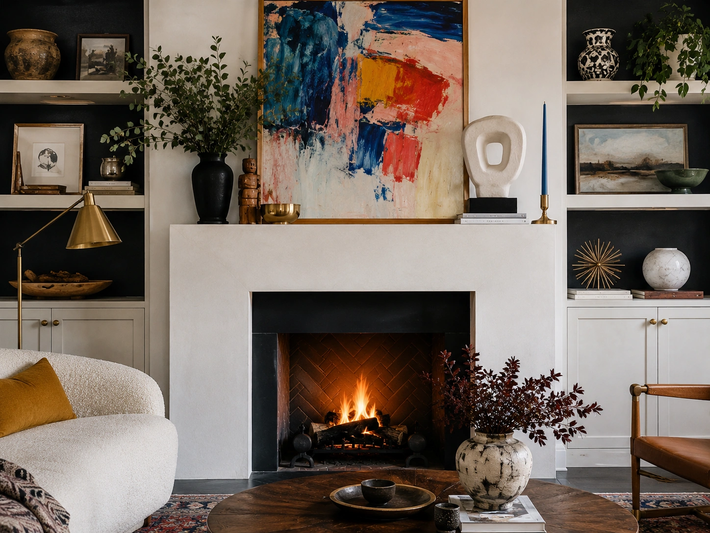 Contemporary eclectic fireplace decor with bold elements