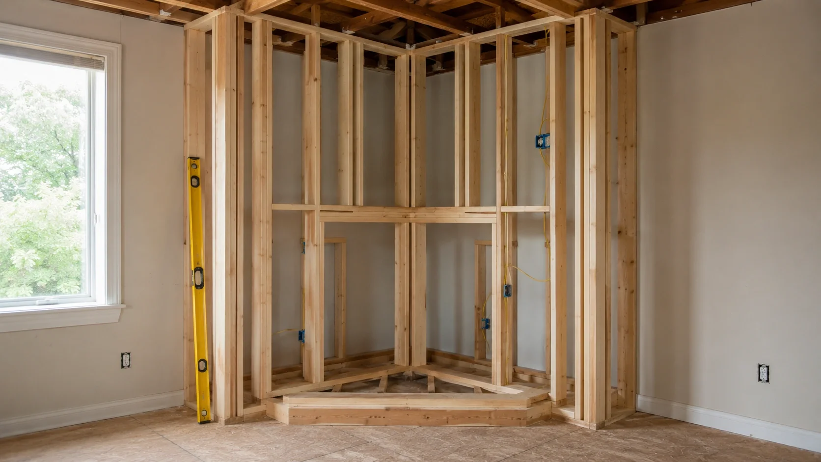 Framing construction for a corner fireplace installation