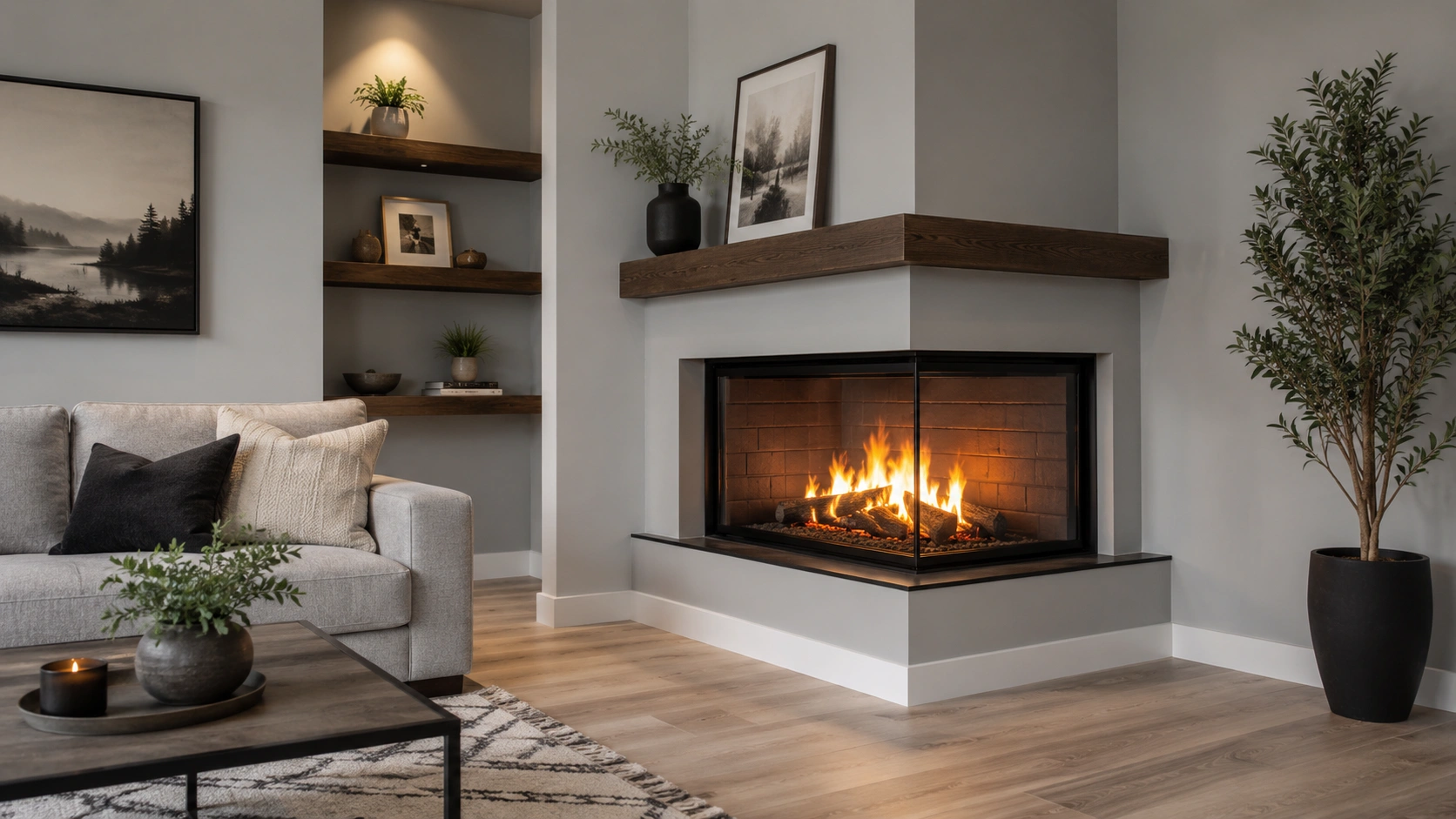 Contemporary corner fireplace with angled design that maximizes space