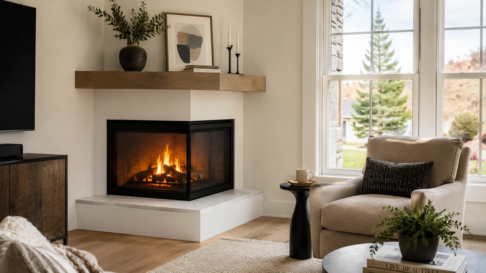 Beautiful corner fireplace in a modern living room setting