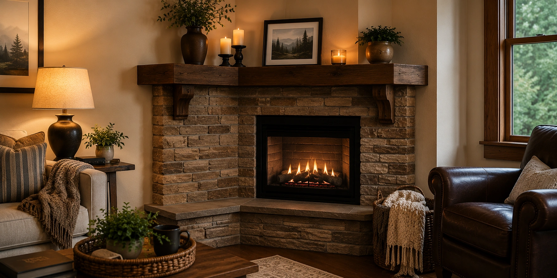 Corner fireplace with decorative mantel styling