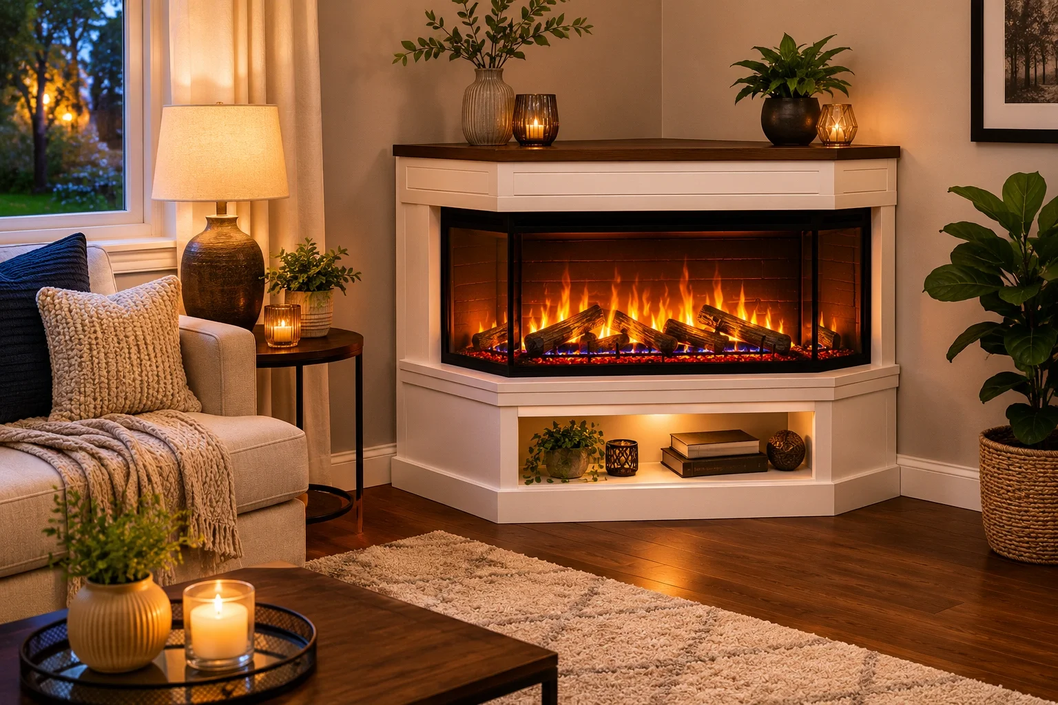 Corner fireplace in modern living room