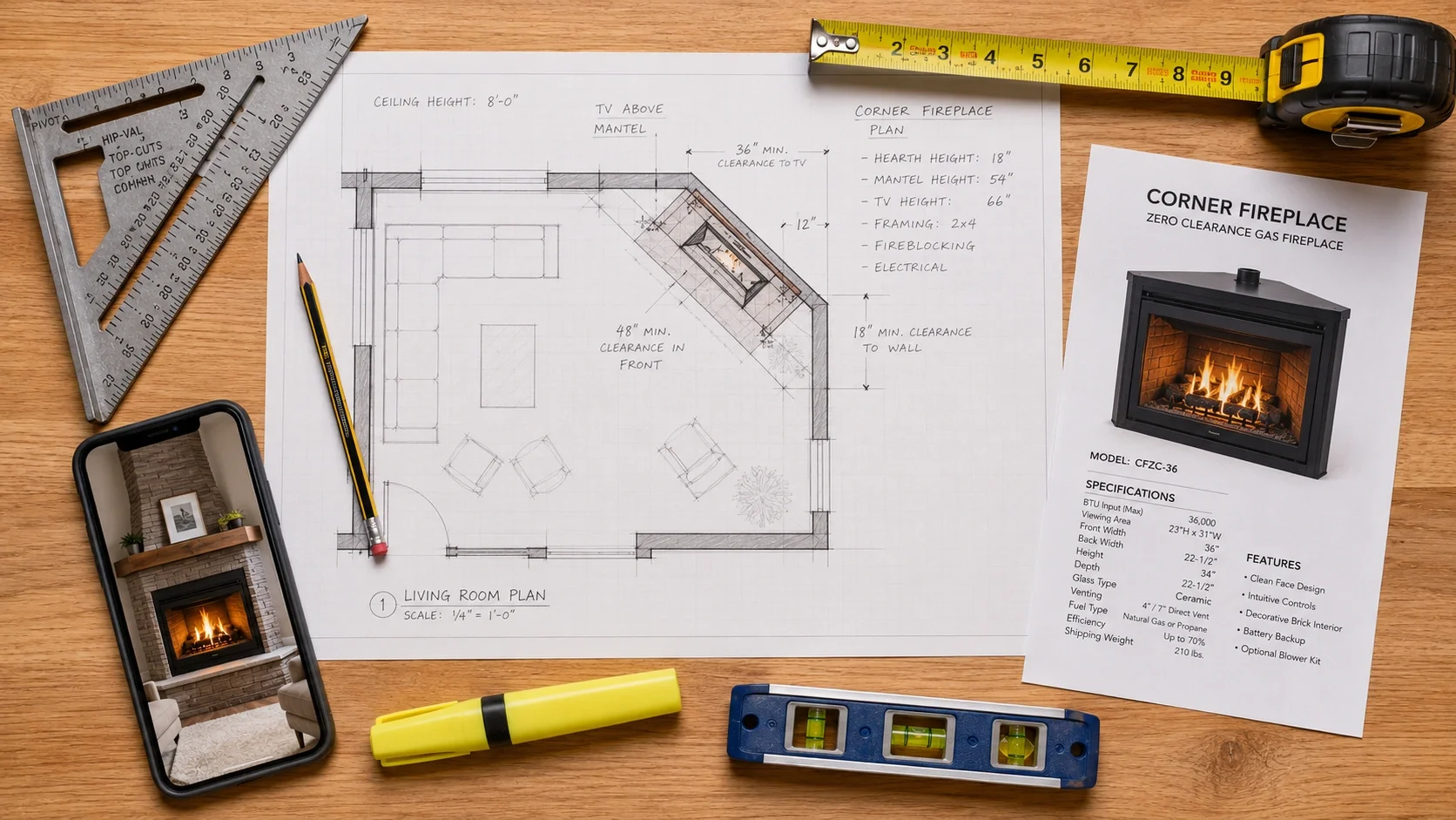 Planning measurements for a corner fireplace installation