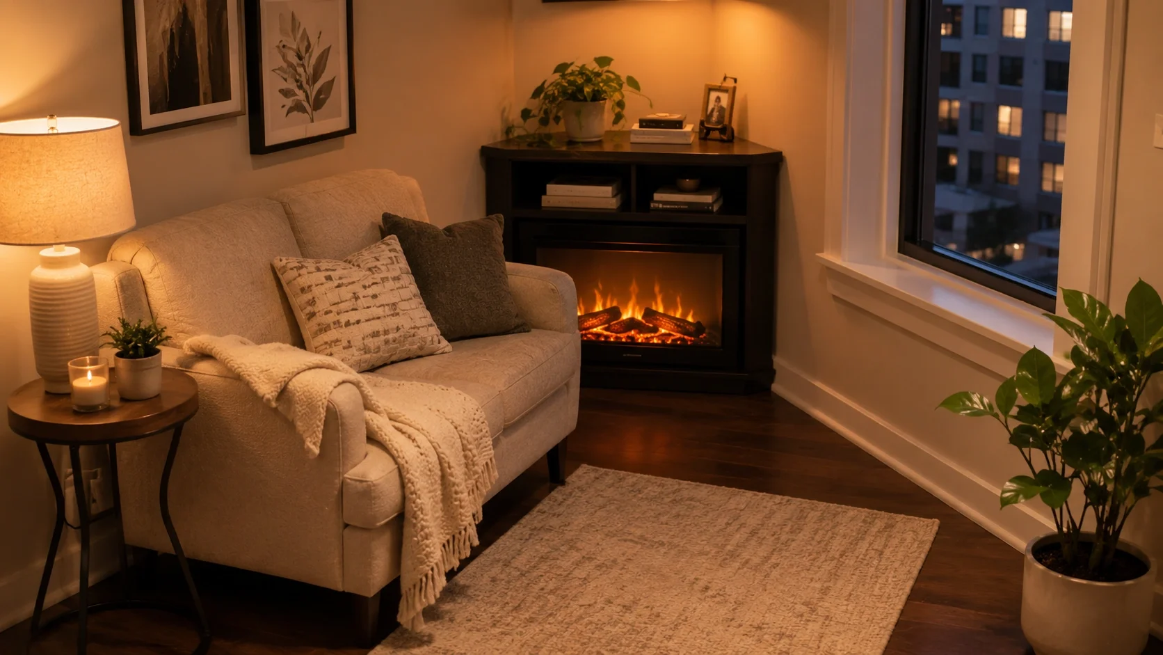 Corner electric fireplace in a compact apartment