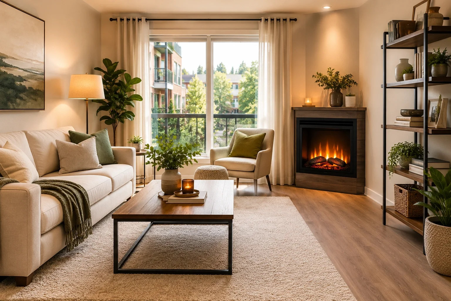 Corner fireplace maximizing small room space