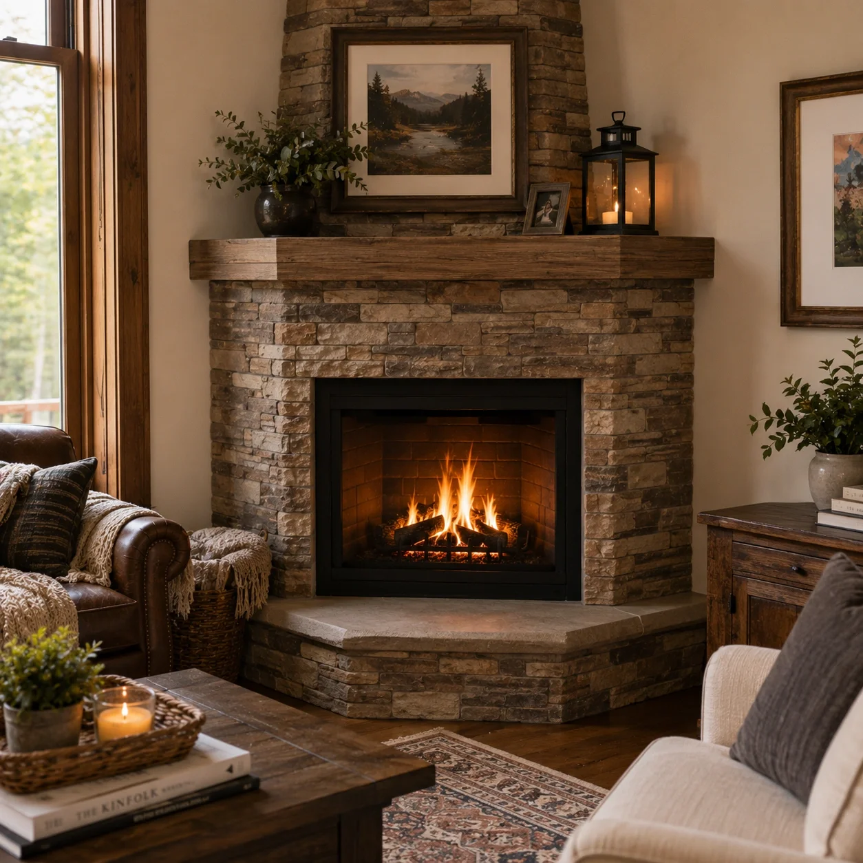 Space-saving corner fireplace surround design