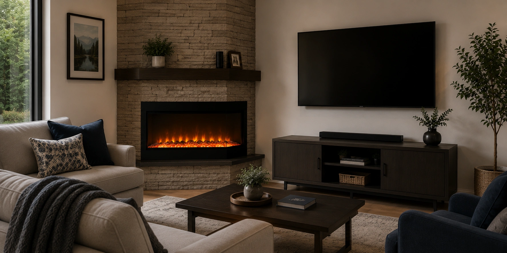 TV placement options with corner fireplace