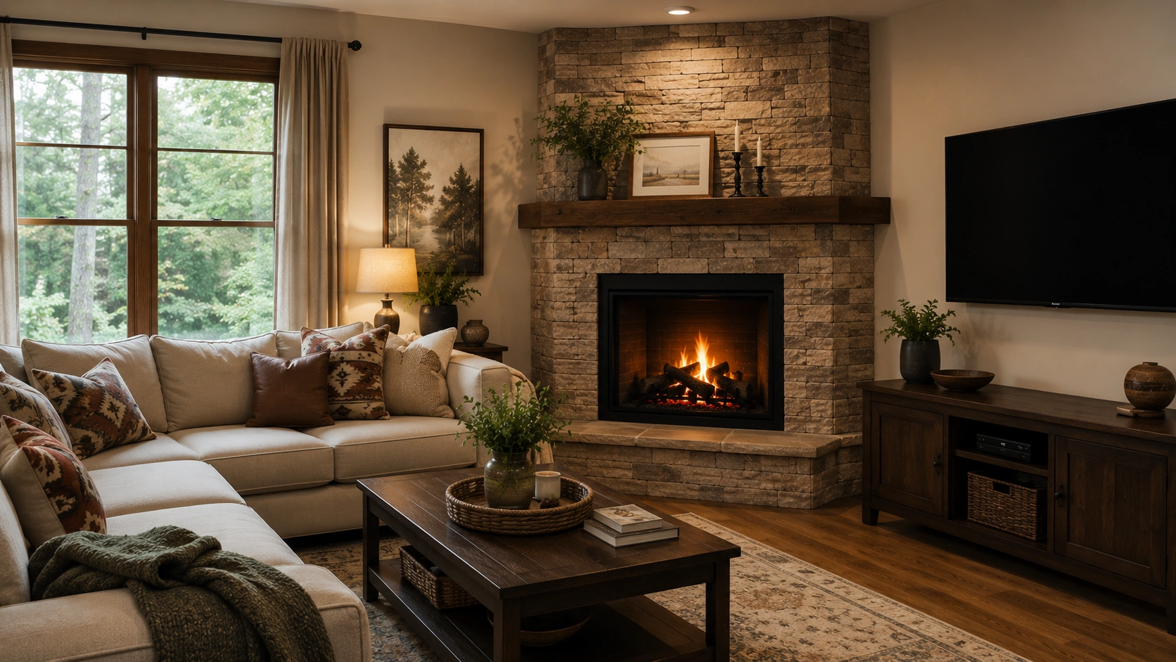 Angled corner fireplace maximizing space in compact living room