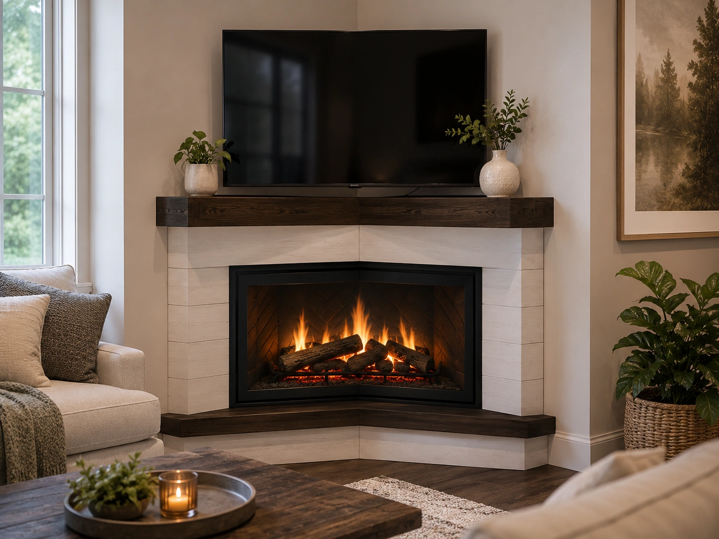 Corner TV fireplace setup