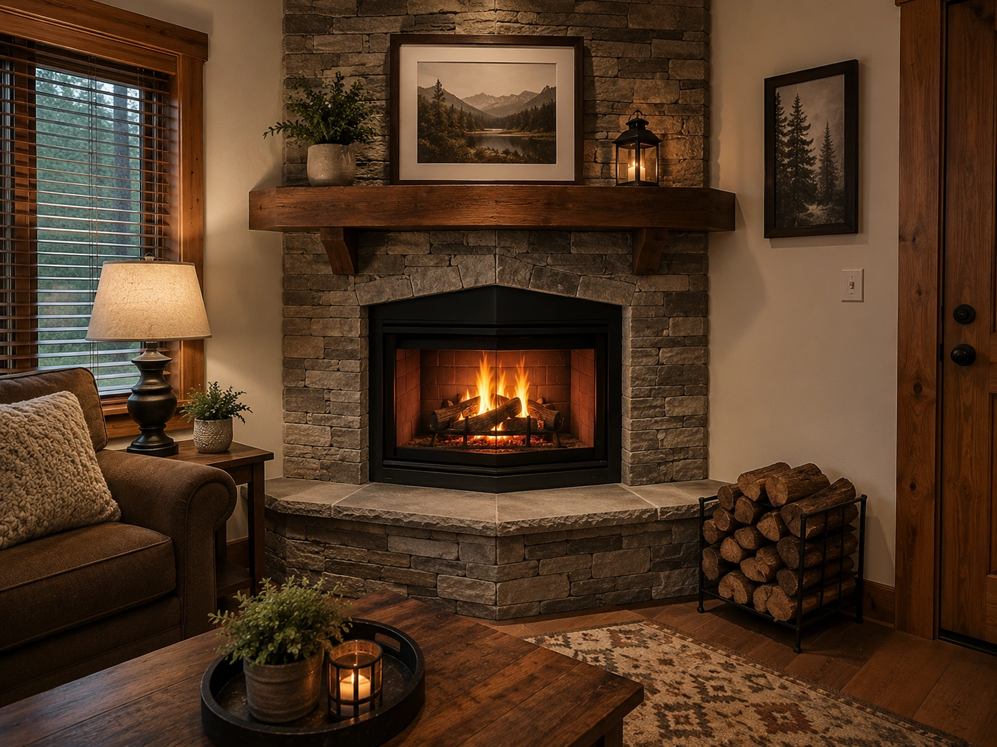 Corner wood fireplace design for space efficiency