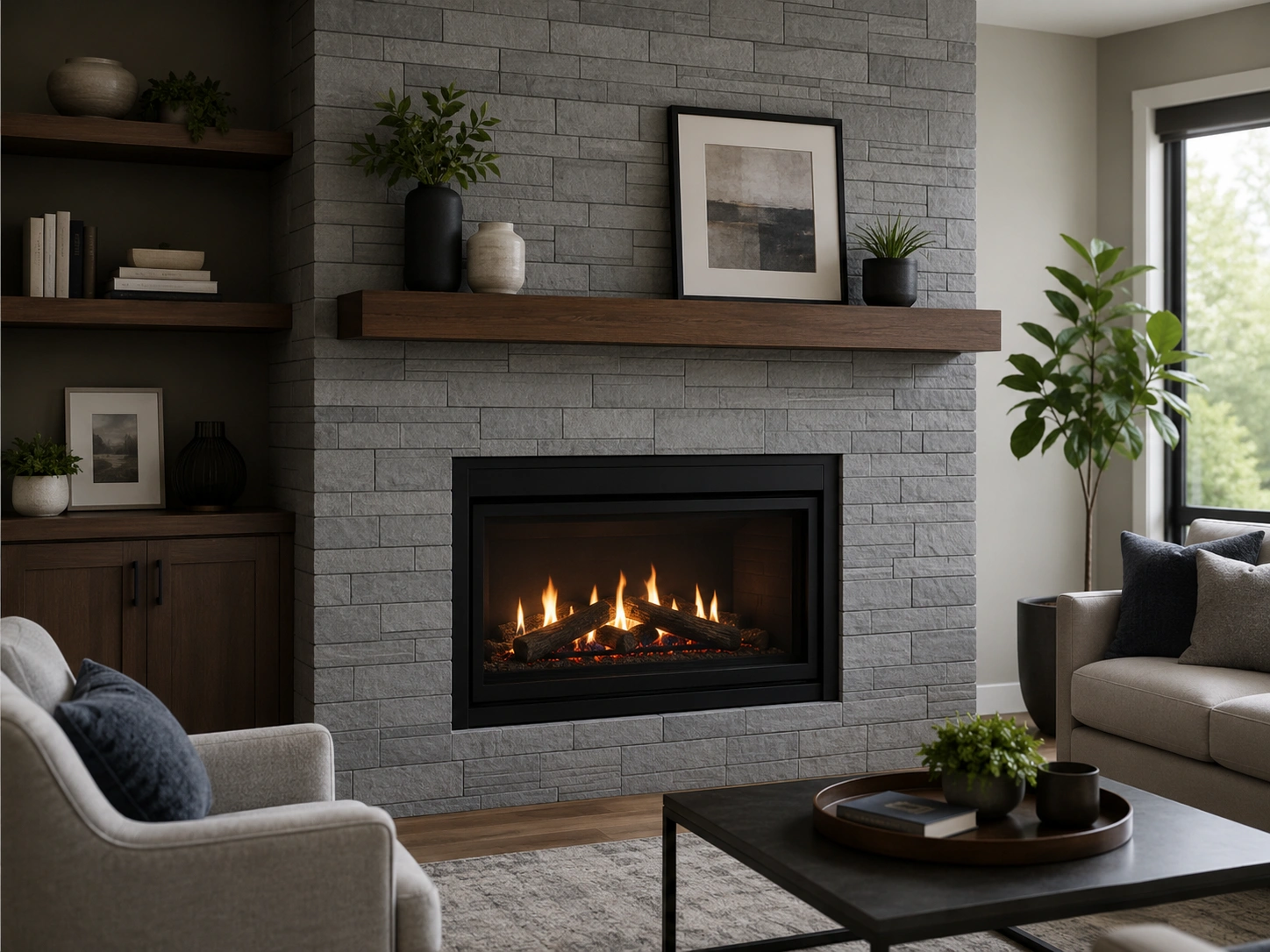 Cultured stone fireplace with uniform appearance