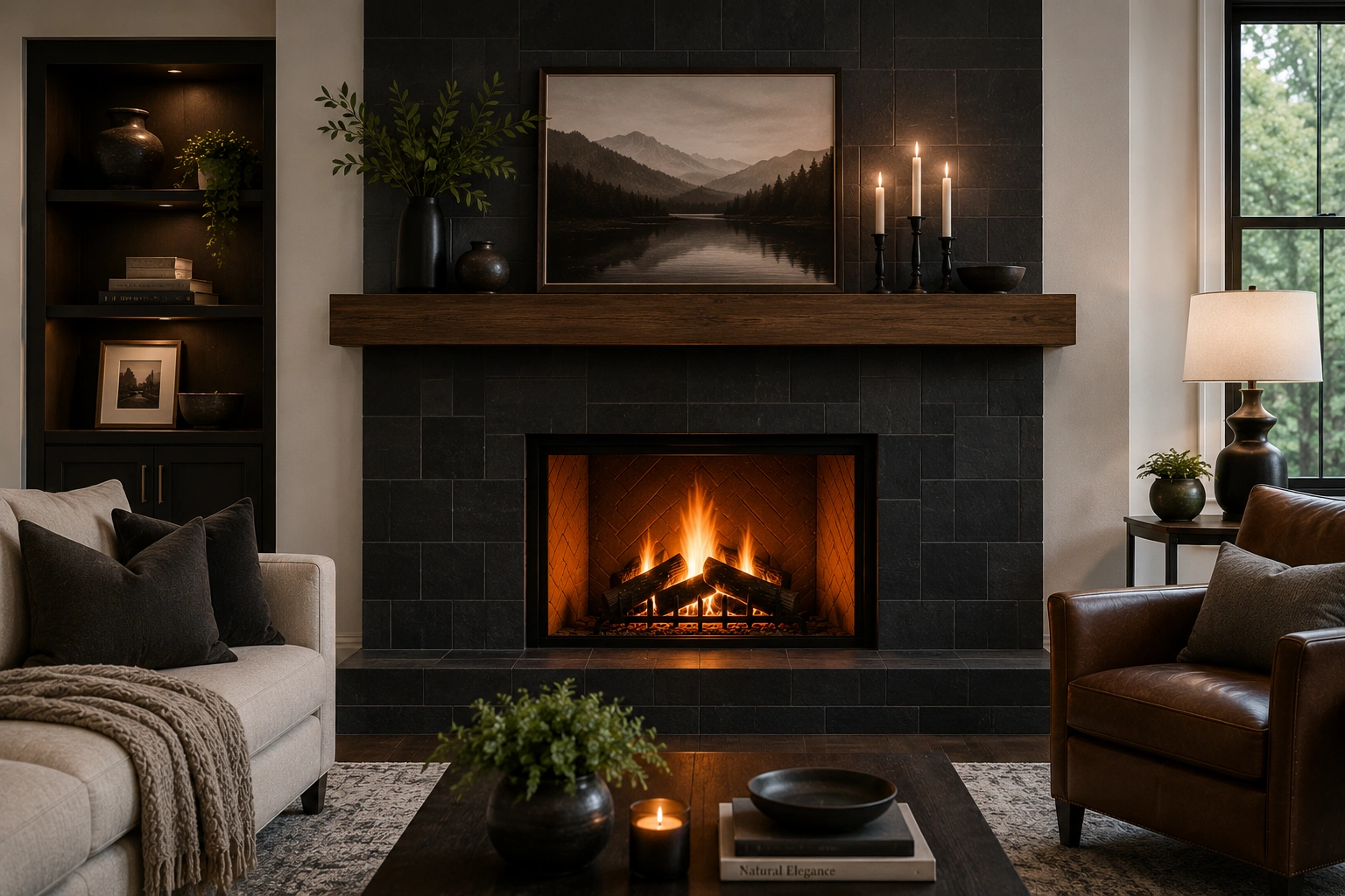 Dark tile fireplace creating dramatic contrast