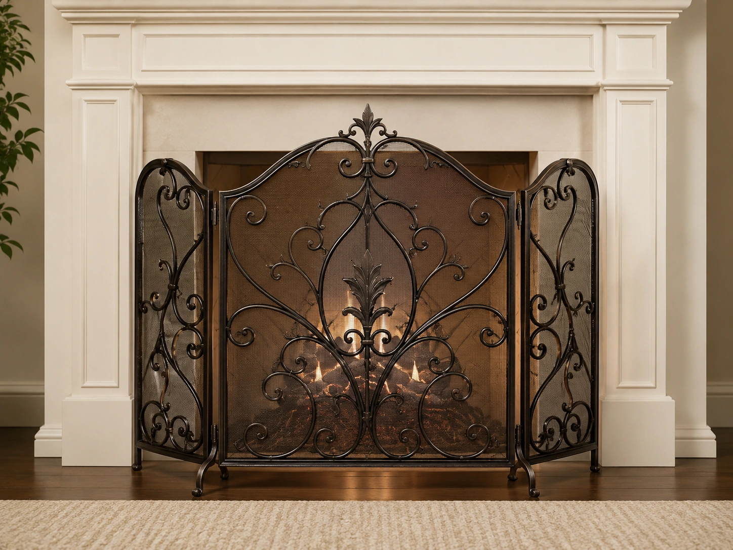 Decorative fireplace screen with ornate design